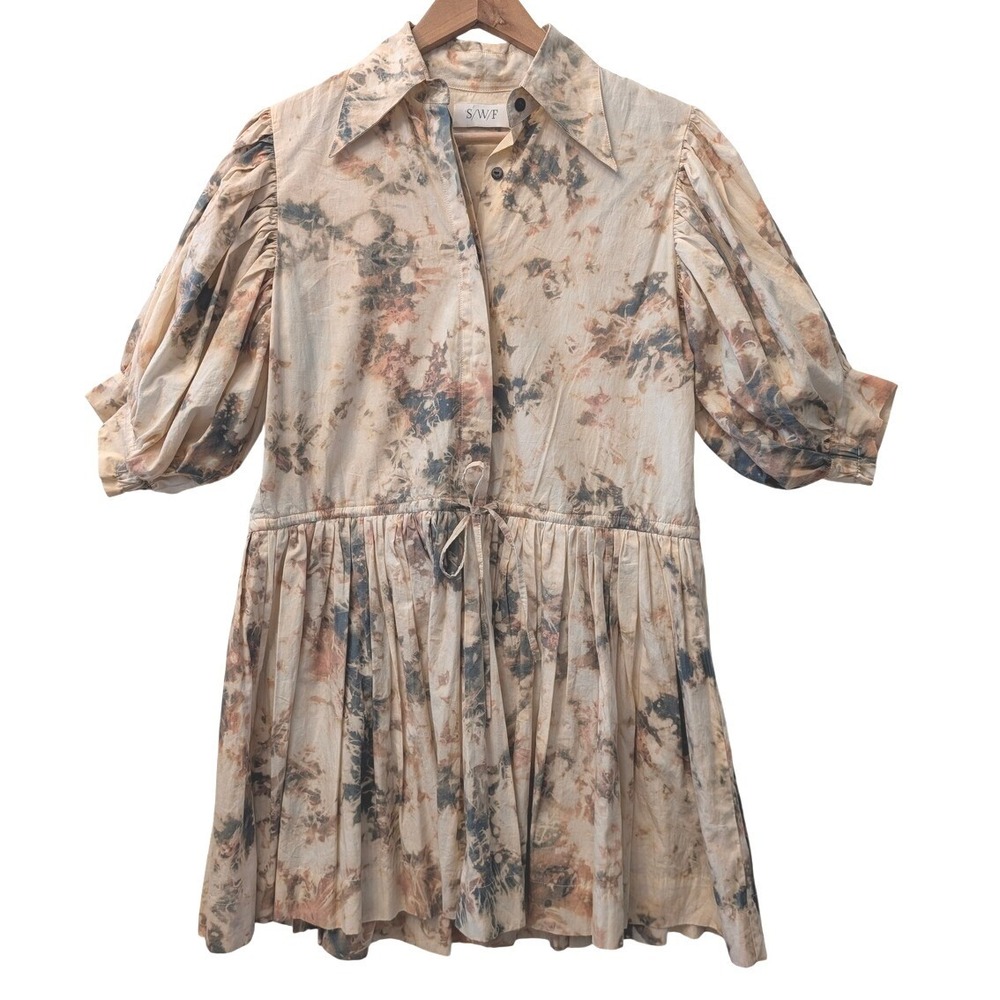 SWF Cotton Tie Dye Puff Sleeve Mini Dress XS Earthy Button Front Drawstring